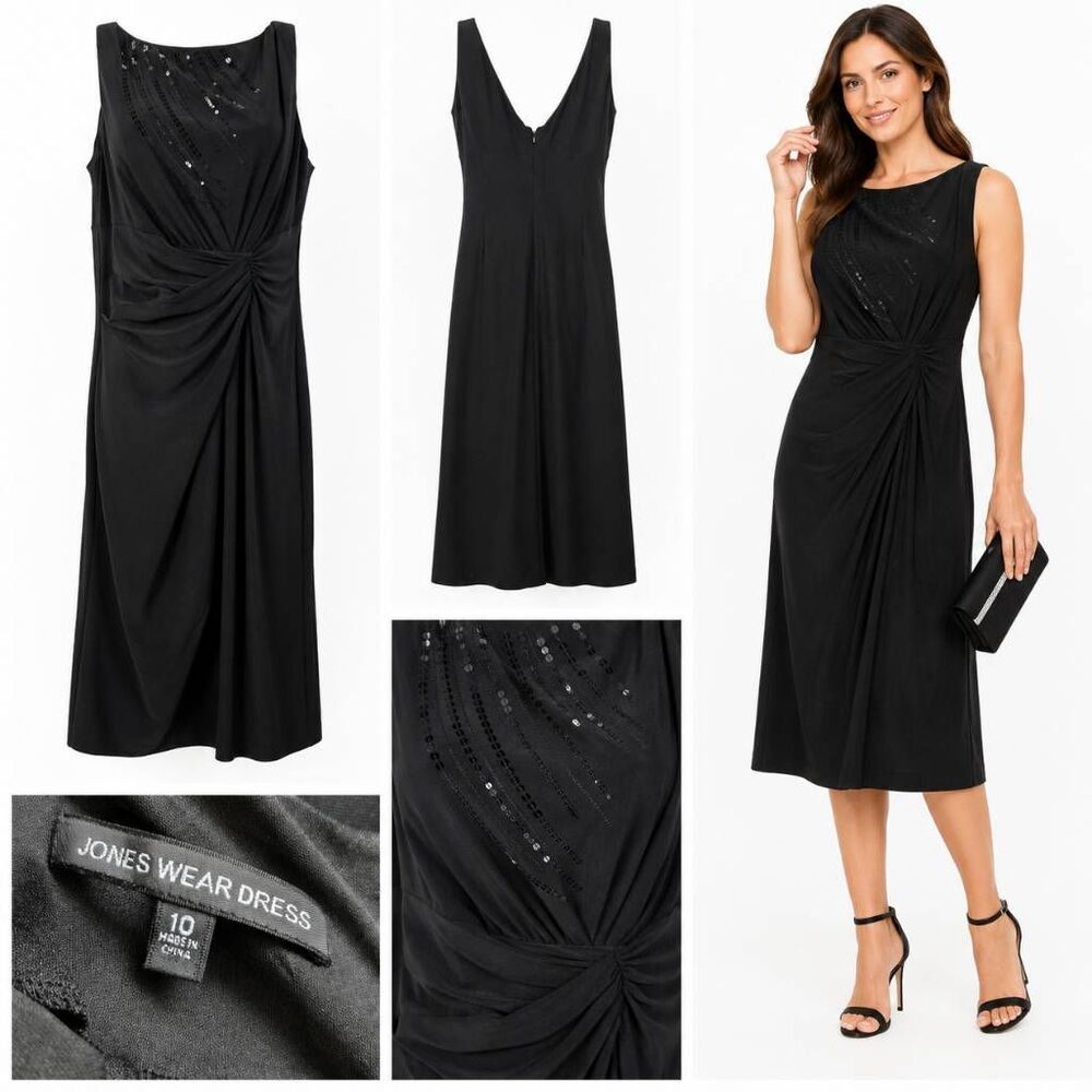 Jones Wear Dress Black Sequin Ruched Cocktail Dress 10
